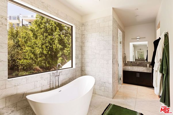 Bathroom, Free Standing Baths, Interior, Recessed Lighting, Stone Walls