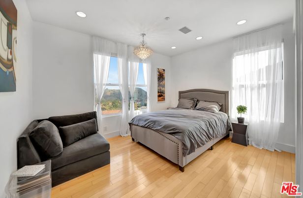 Bedroom, Chandelier, Interior, Recessed Lighting, Wood Texture Flooring