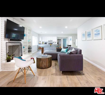 Fireplace, Interior, Kitchen, Living room, Recessed Lighting, Stone Walls, Wood Texture Flooring
