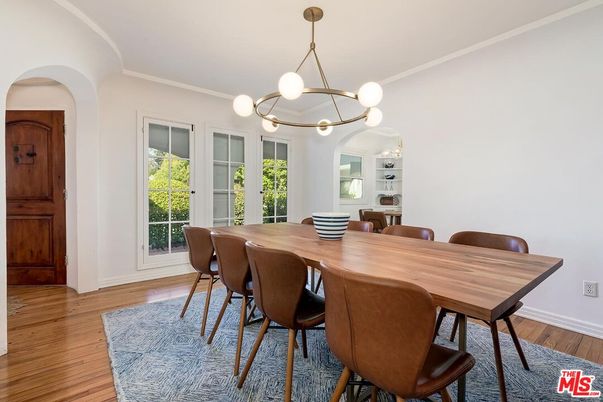 Dining room, Interior, Pendant Lights, Wood Texture Flooring
