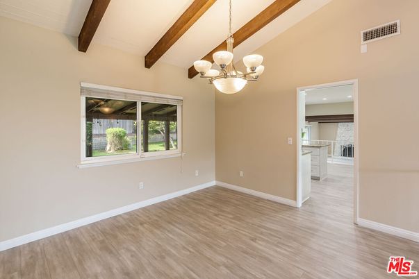 Chandelier, Empty room, Interior, Kitchen, Recessed Lighting, Wooden Beams, Wood Texture Flooring