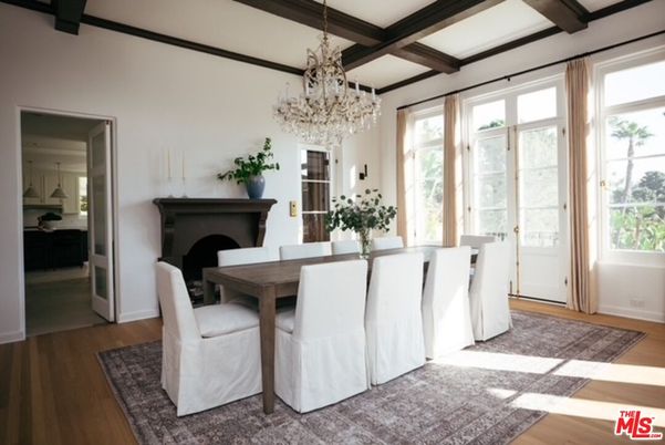 Chandelier, Dining room, Fireplace, Interior, Wooden Beams, Wood Texture Flooring