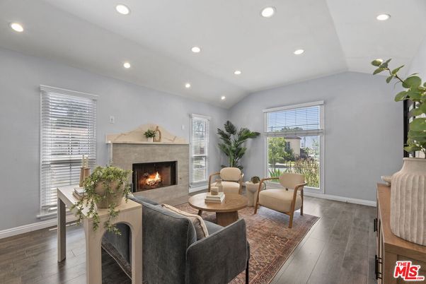 Fireplace, Interior, Living room, Recessed Lighting, Wood Texture Flooring