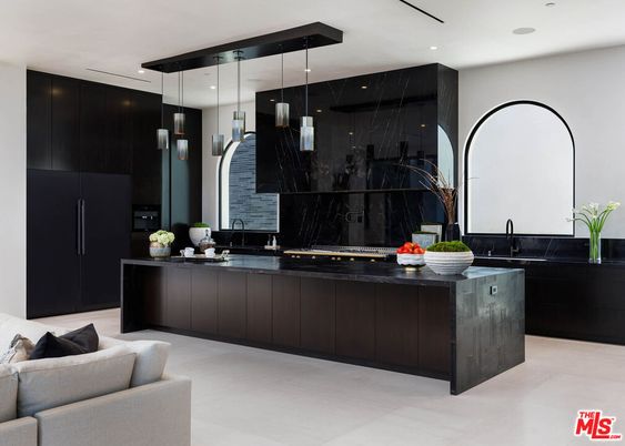 Interior, Kitchen, Marble Walls, Pendant Lights, Recessed Lighting