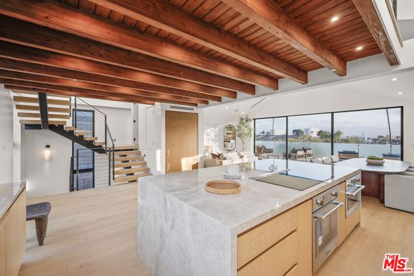Dining room, Interior, Kitchen, Living room, Recessed Lighting, Water, Wooden Beams, Wooden Ceilings, Wood Texture Flooring