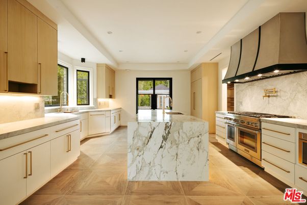 Interior, Kitchen, Marble Walls, Recessed Lighting, Stainless Steel Appliances, Wood Texture Flooring