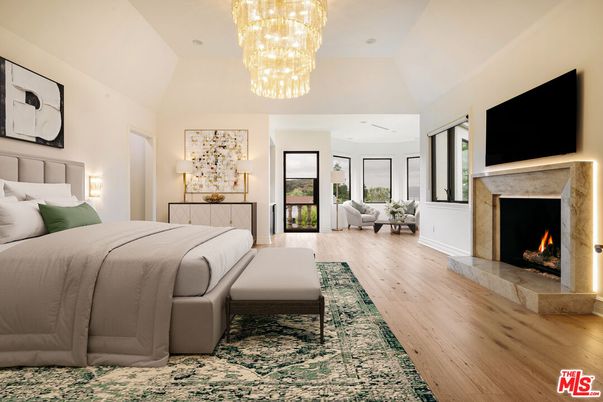 Bedroom, Chandelier, Fireplace, Interior, Recessed Lighting, Wood Texture Flooring