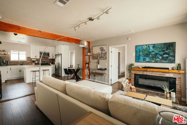 Dining room, Fireplace, Interior, Kitchen, Living room, Wood Texture Flooring