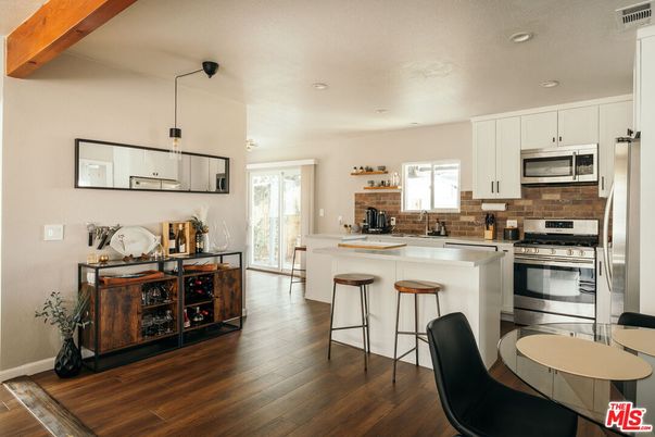 Interior, Kitchen, Pendant Lights, Recessed Lighting, Stainless Steel Appliances, Wooden Beams, Wood Texture Flooring
