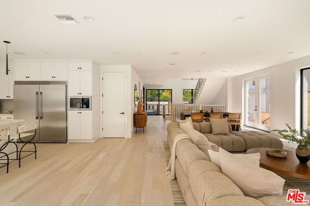 Dining room, Interior, Kitchen, Living room, Recessed Lighting, Stainless Steel Appliances, Wood Texture Flooring