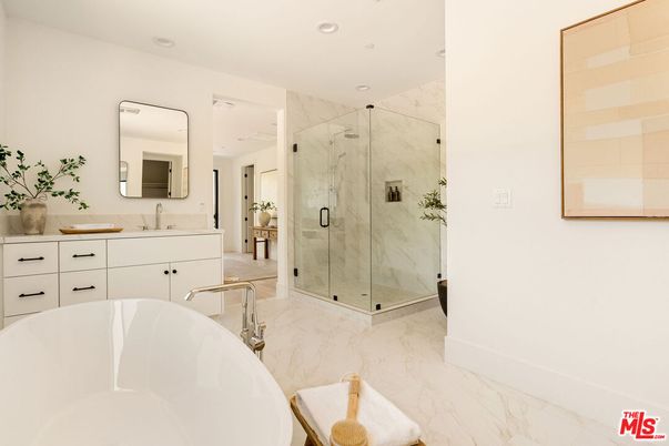 Bathroom, Dual Sink Vanities, Free Standing Baths, Glass Shower, Interior, Marble, Marble Walls, Recessed Lighting