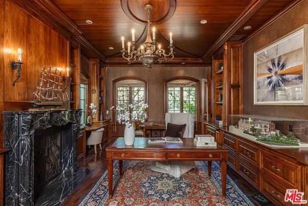 Chandelier, Fireplace, Home Office, Interior, Recessed Lighting, Wooden Beams, Wooden Ceilings, Wood Texture Flooring, Wooden Walls