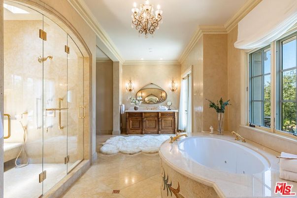 Bathroom, Chandelier, Glass Shower, Interior, Recessed Lighting