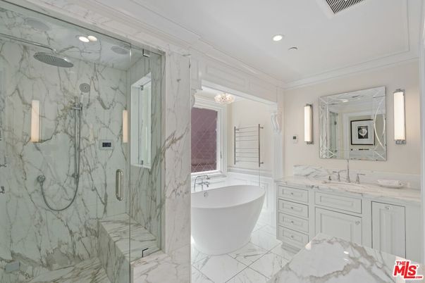Bathroom, Free Standing Baths, Glass Shower, Interior, Marble, Marble Walls, Recessed Lighting