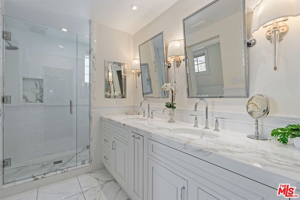 Bathroom, Dual Sink Vanities, Glass Shower, Interior, Marble, Recessed Lighting