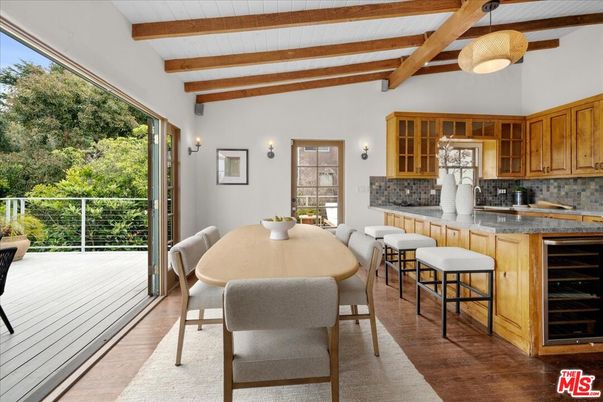 Dining room, Interior, Pendant Lights, Wooden Beams, Wood Texture Flooring