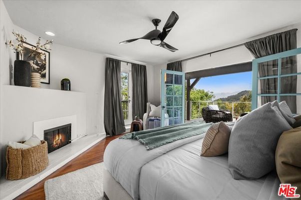 Bedroom, Fireplace, Interior, Recessed Lighting, Wood Texture Flooring