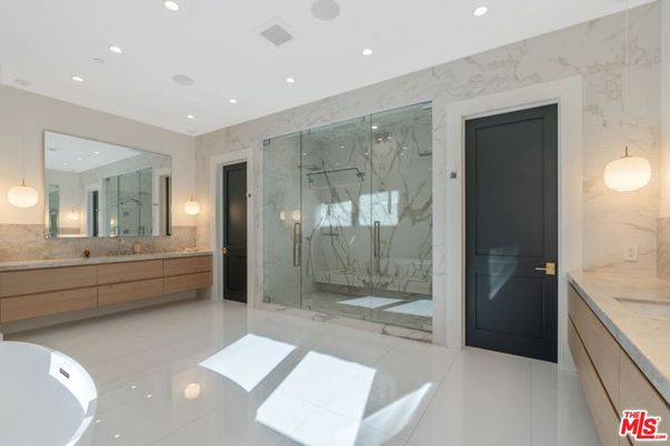 Bathroom, Dual Sink Vanities, Glass Shower, Interior, Marble Walls, Recessed Lighting