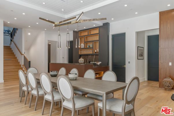 Dining room, Interior, Pendant Lights, Recessed Lighting, Wood Texture Flooring