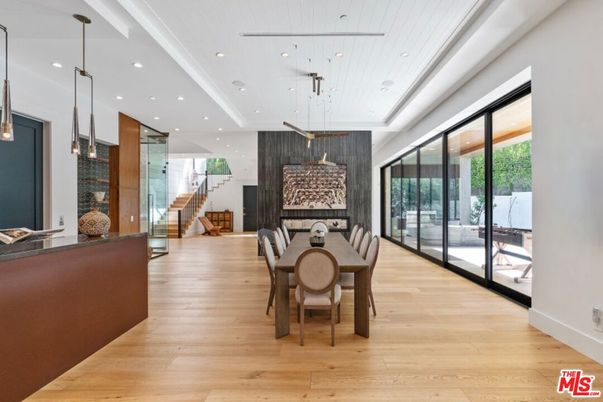 Dining room, Interior, Pendant Lights, Recessed Lighting, Wood Texture Flooring