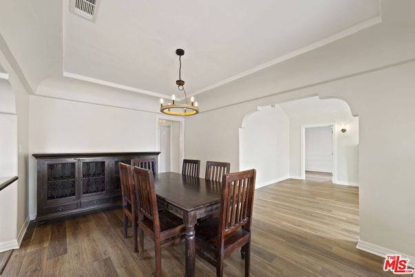 Dining room, Interior, Pendant Lights, Wood Texture Flooring