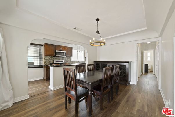 Dining room, Interior, Kitchen, Pendant Lights, Stainless Steel Appliances, Wood Texture Flooring
