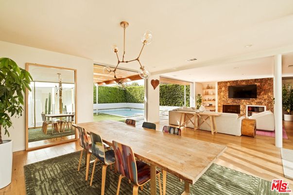 Dining room, Fireplace, Interior, Living room, Pendant Lights, Wood Texture Flooring