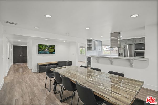 Dining room, Interior, Kitchen, Recessed Lighting, Stainless Steel Appliances, Wood Texture Flooring