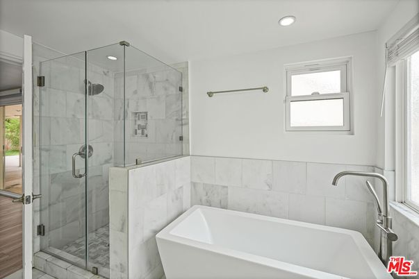 Bathroom, Free Standing Baths, Glass Shower, Interior, Marble Walls, Recessed Lighting
