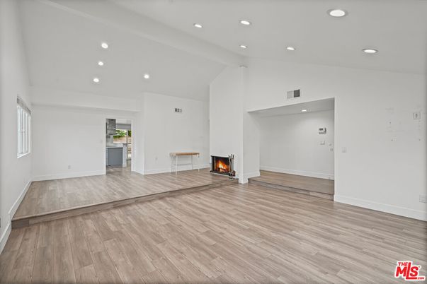 Empty room, Fireplace, Interior, Recessed Lighting, Wood Texture Flooring