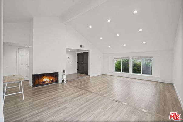 Empty room, Fireplace, Interior, Recessed Lighting, Wood Texture Flooring