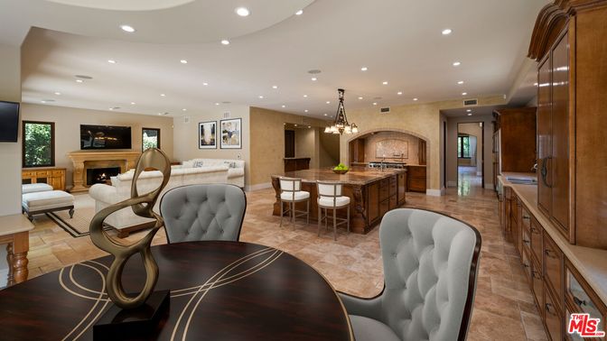 Chandelier, Dining room, Fireplace, Interior, Kitchen, Living room, Pendant Lights, Recessed Lighting