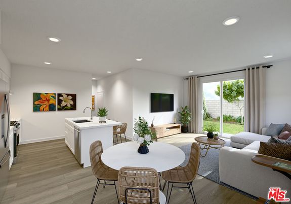 Dining room, Interior, Kitchen, Living room, Recessed Lighting, Wood Texture Flooring