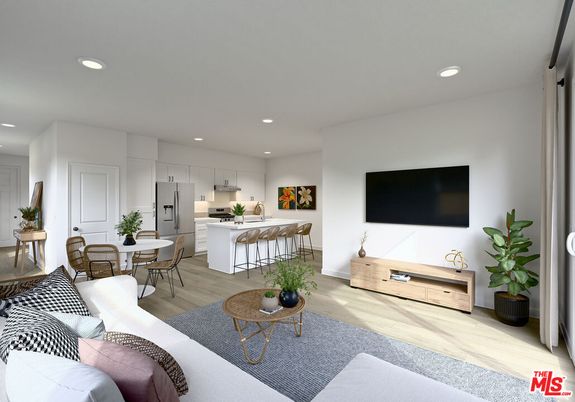 Dining room, Interior, Kitchen, Living room, Recessed Lighting, Stainless Steel Appliances, Wood Texture Flooring