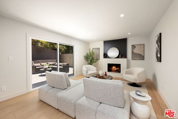 Fireplace, Interior, Living room, Recessed Lighting, Wood Texture Flooring