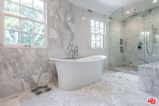 Bathroom, Free Standing Baths, Glass Shower, Interior, Marble, Marble Walls, Recessed Lighting