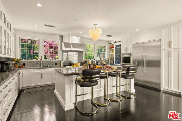 Chandelier, Interior, Kitchen, Recessed Lighting, Stainless Steel Appliances, Wood Texture Flooring