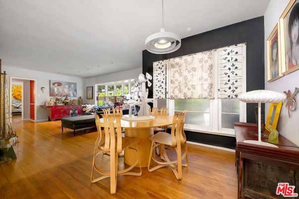 Dining room, Interior, Pendant Lights, Recessed Lighting, Wood Texture Flooring
