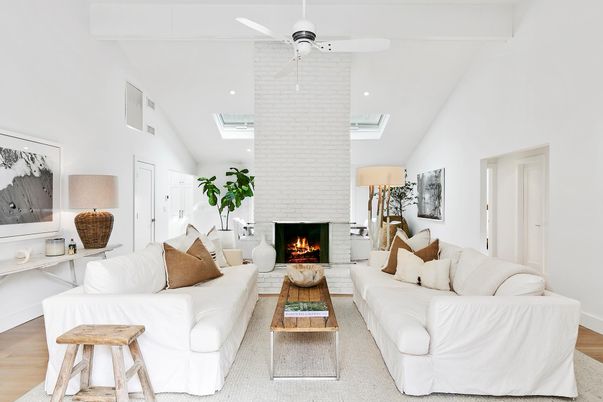 Fireplace, Interior, Living room, Recessed Lighting, Stone Walls, Wood Texture Flooring
