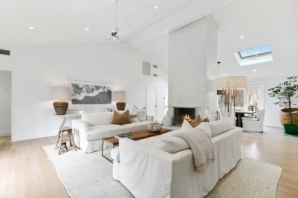 Fireplace, Interior, Living room, Pendant Lights, Recessed Lighting, Stone Walls, Wood Texture Flooring