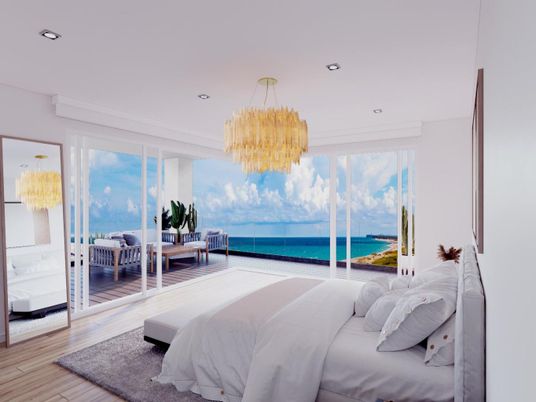 Bedroom, Chandelier, Interior, Recessed Lighting, Water, Wood Texture Flooring