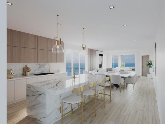 Dining room, Interior, Kitchen, Living room, Marble Walls, Pendant Lights, Recessed Lighting, Water, Wood Texture Flooring
