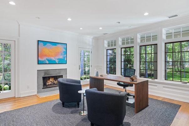 Fireplace, Home Office, Interior, Recessed Lighting, Wood Texture Flooring