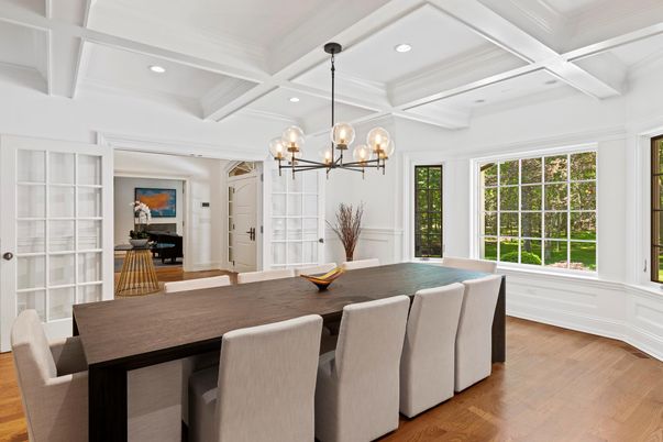 Dining room, Interior, Pendant Lights, Recessed Lighting, Wood Texture Flooring