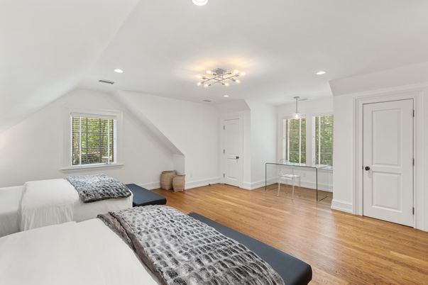 Bedroom, Interior, Pendant Lights, Recessed Lighting, Wood Texture Flooring