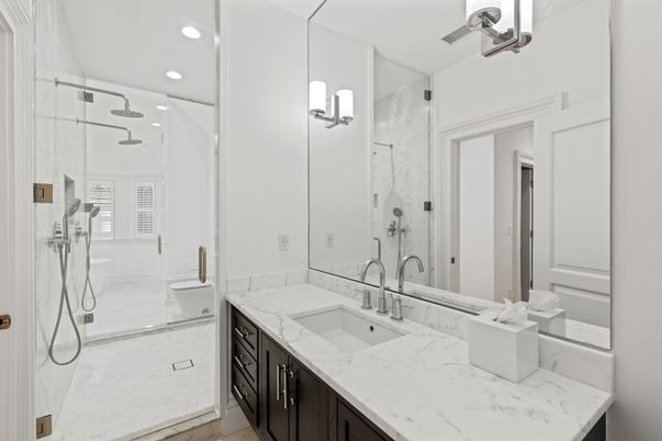 Bathroom, Dual Sink Vanities, Glass Shower, Interior, Recessed Lighting