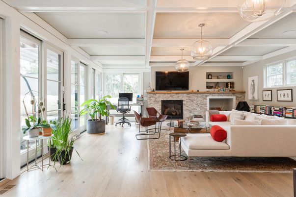 Fireplace, Interior, Living room, Pendant Lights, Stone Walls, Wood Texture Flooring