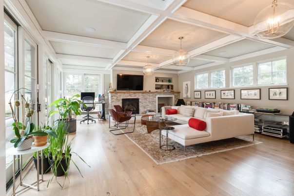 Fireplace, Interior, Living room, Pendant Lights, Wood Texture Flooring