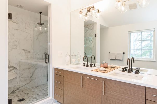 Bathroom, Dual Sink Vanities, Glass Shower, Interior, Marble Walls