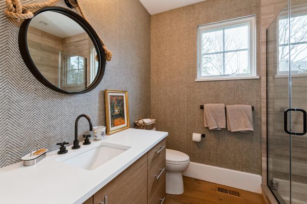 Bathroom, Glass Shower, Interior, Wood Texture Flooring